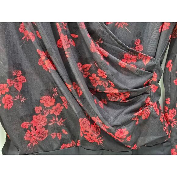 Tahari Floral Mesh Bodysuit With Built-In Tank Black/Red Size L - Picture 7 of 16